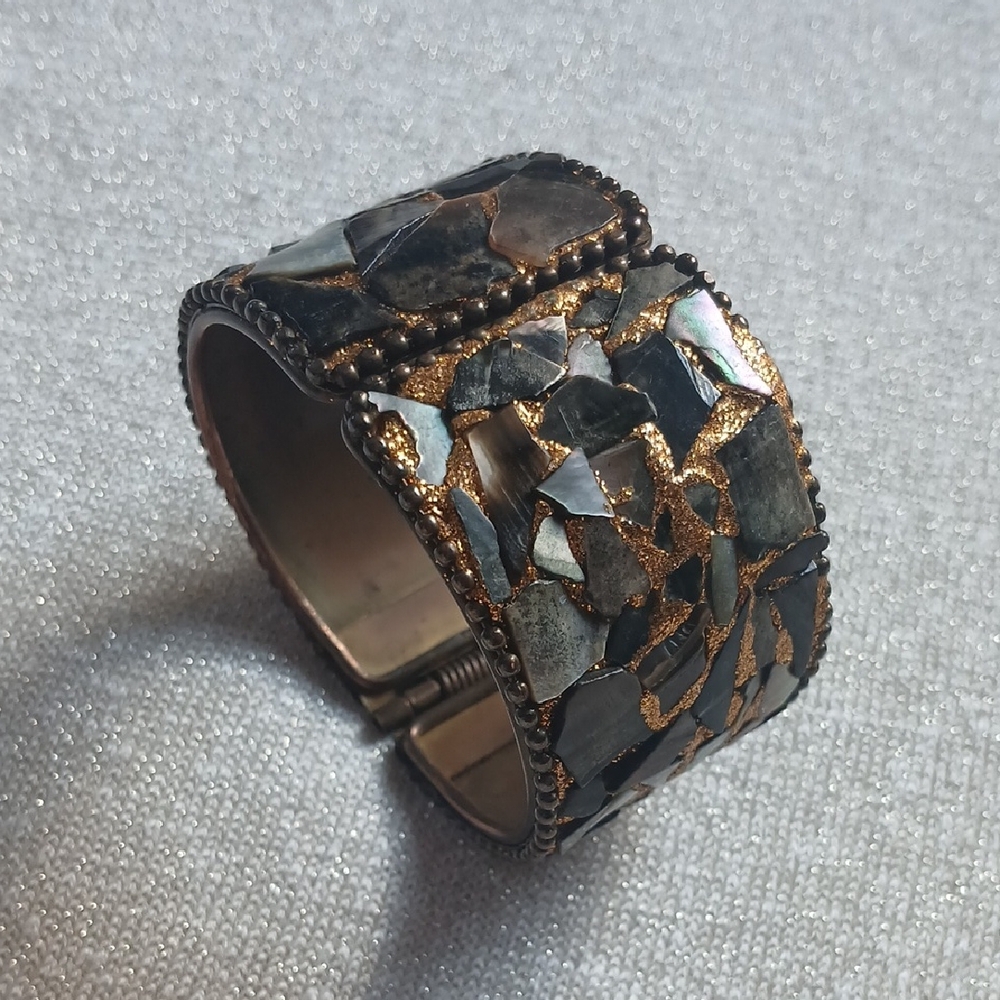 Mosaic Abalone Shell Gold Glitter Cuff Bracelet